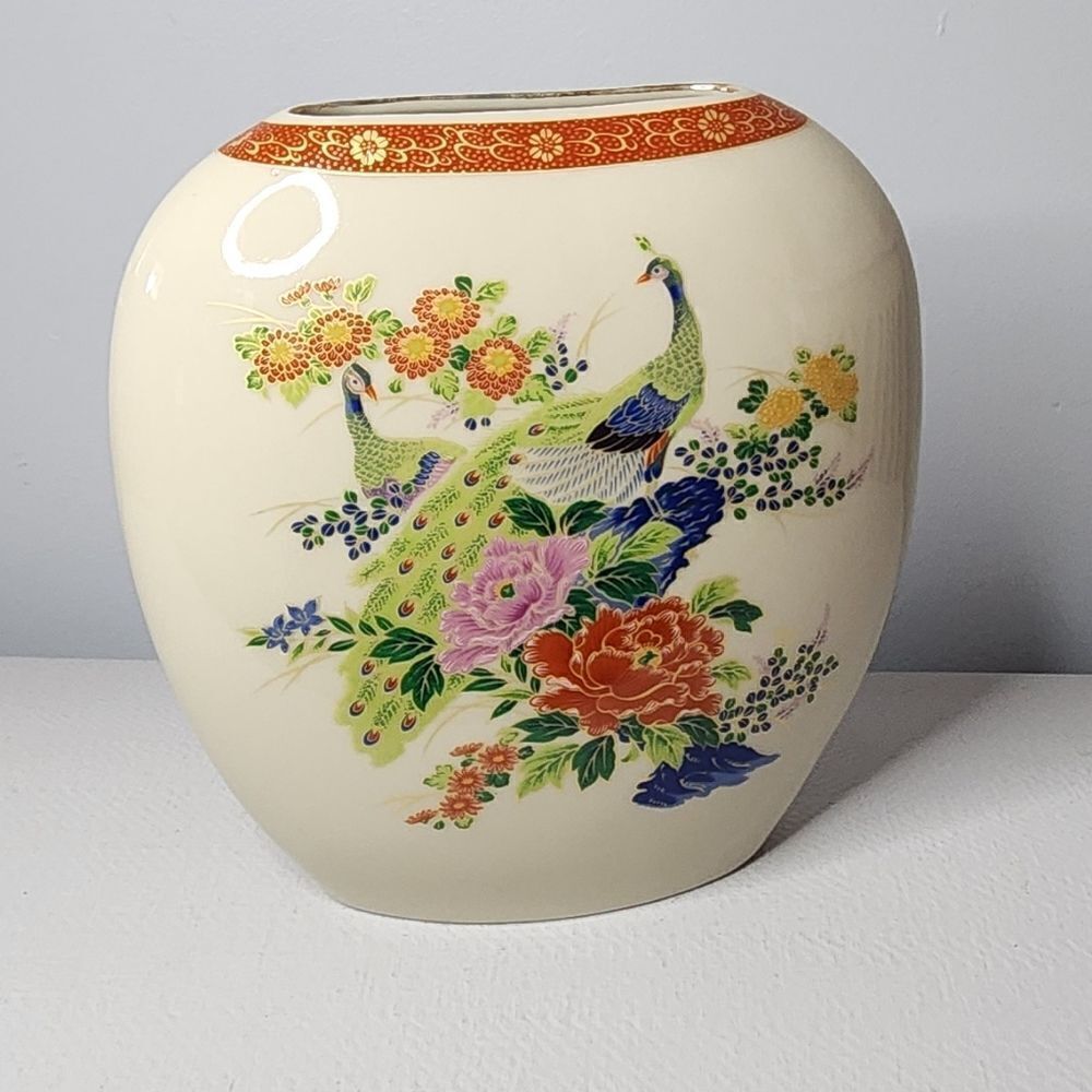 Japanese Cream Peacock & Floral Flat Oval Vase Made in Japan Satsuma